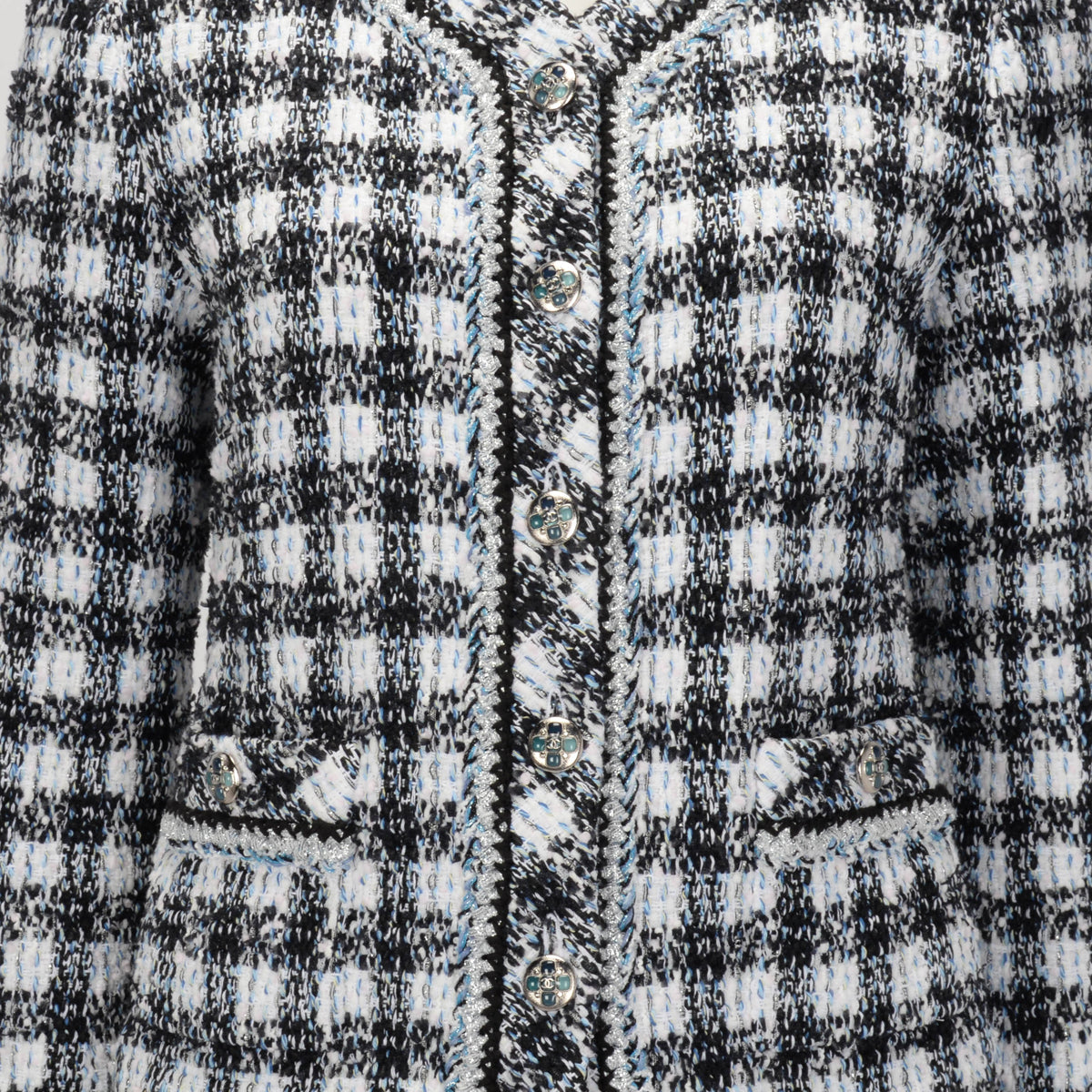 Chanel Blue Check Tweed Braided Trim Jacket FR 40