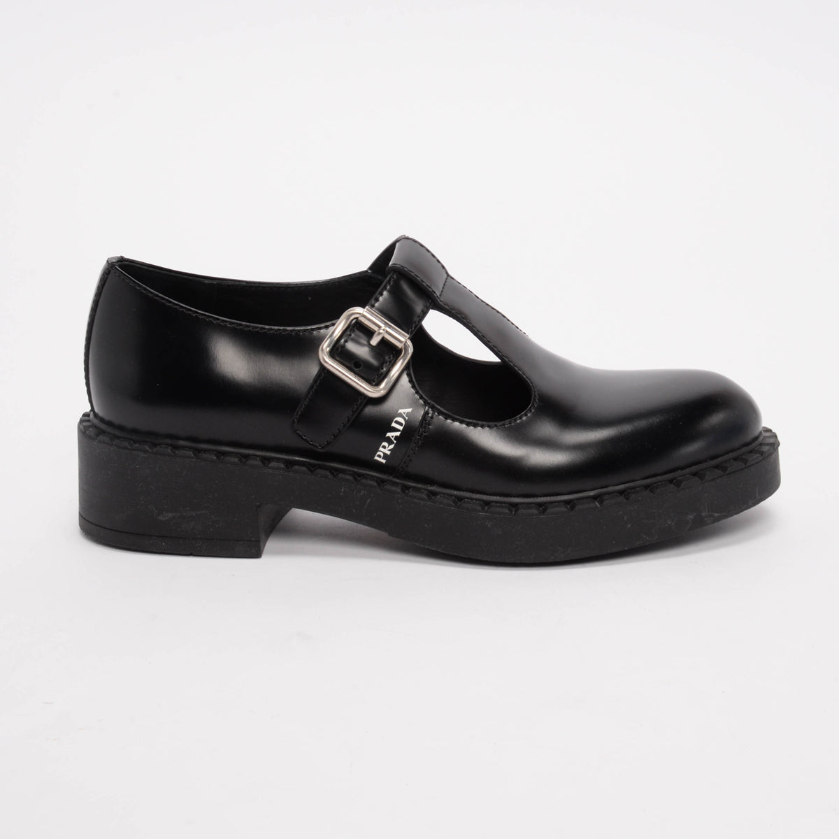 Prada Black Leather Mary Jane T-Strap Shoes 37.5