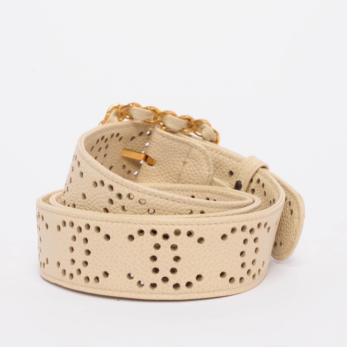 Chanel Cream Caviar Leather Perforated CC Belt