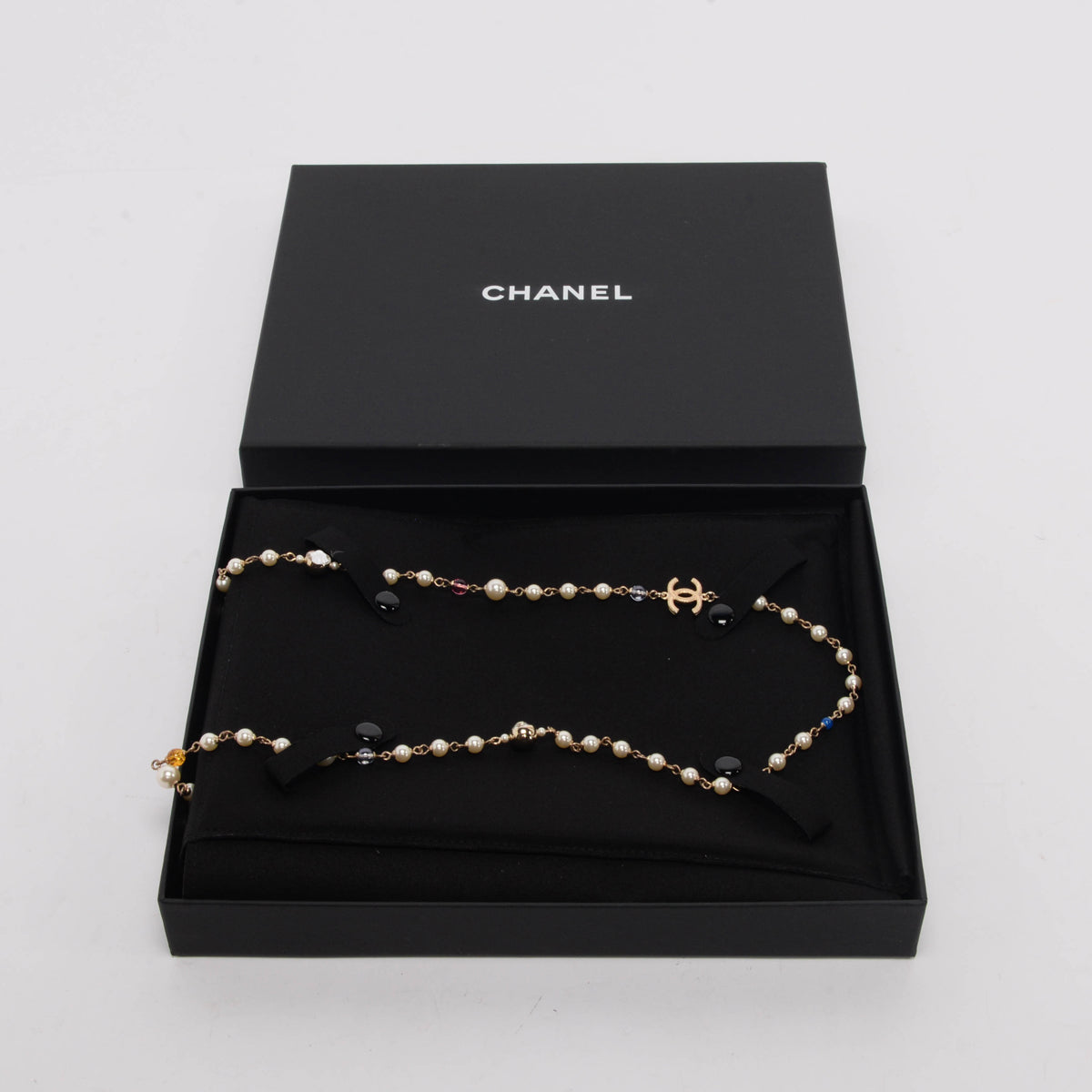 Chanel Multi Colour Crystal & Pearl Long CC Necklace