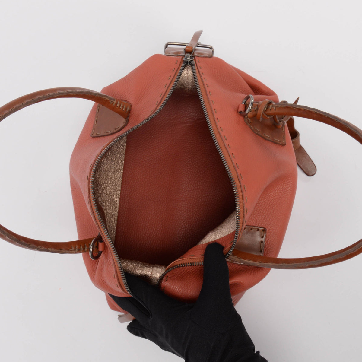 Henry Beguelin Brick and Tan Calfskin Top Stitched Shoulder Bag