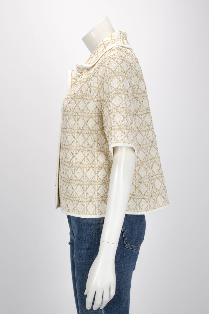 Dior White & Gold Tweed Macrocannage Short-Sleeved Jacket FR 42