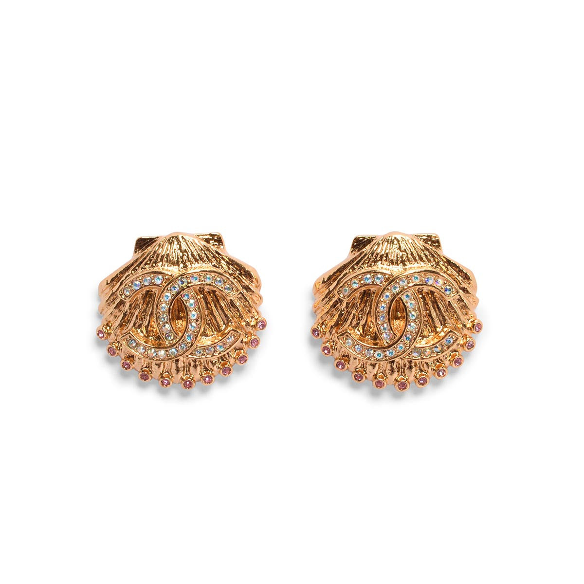 Chanel Gold Crystal CC Shell Earrings