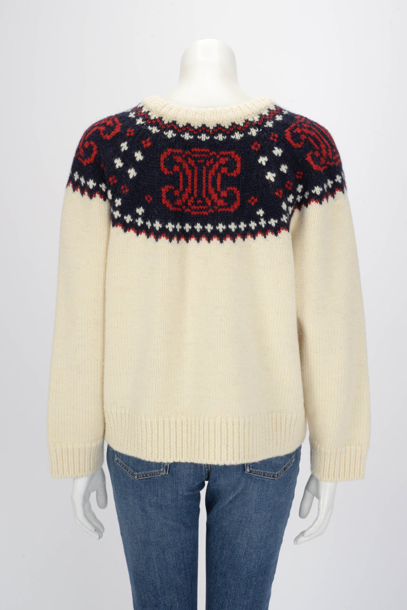 Celine Ivory Wool Fair Isle Triomphe Sweater M