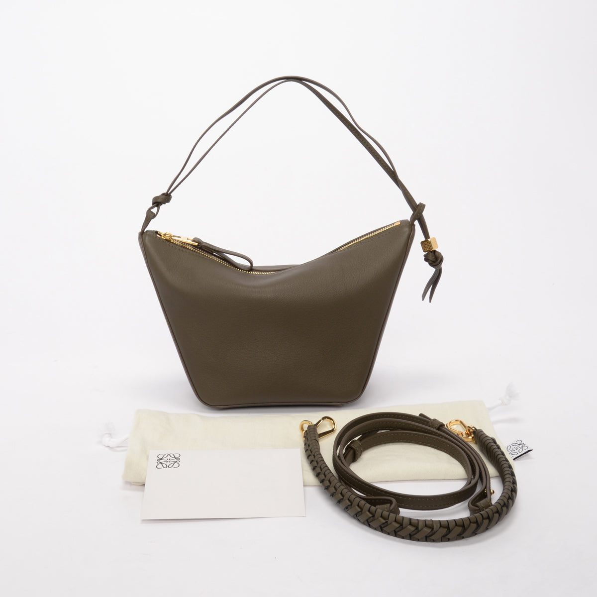 Loewe Olive Calfskin Braided Handle Mini Hammock Hobo + Strap