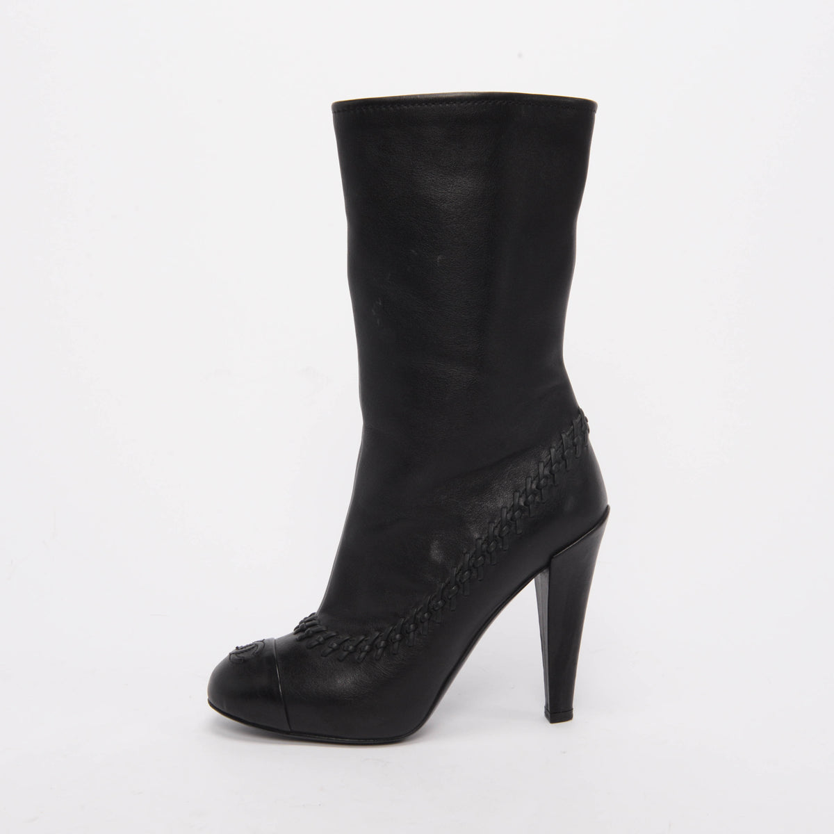 Chanel Black Calfskin CC Whipstitch Boots 37