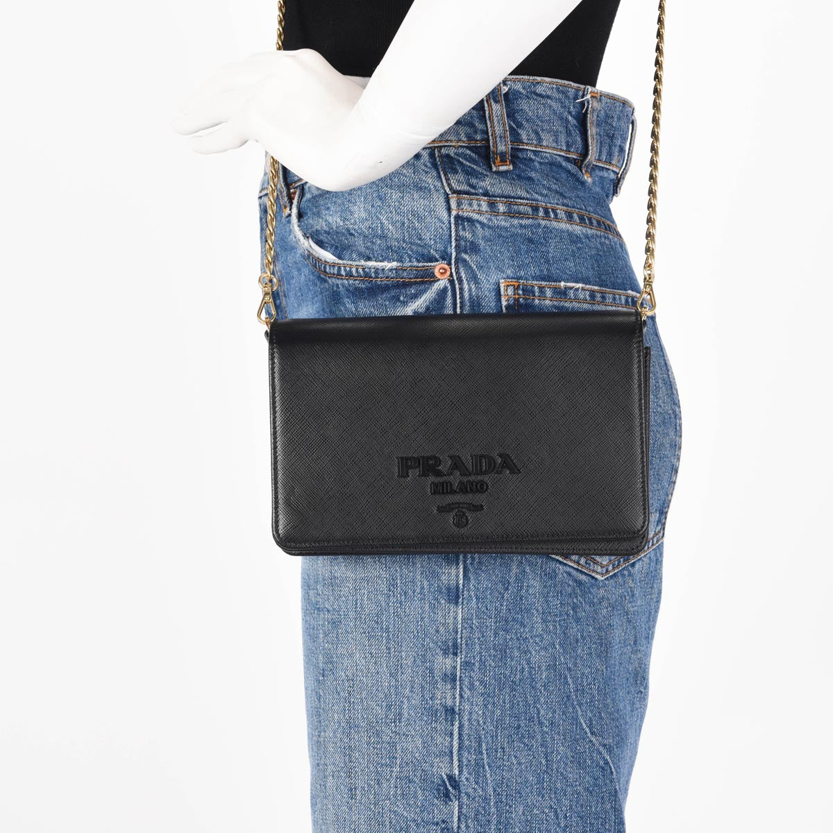 Prada Black Saffiano Lux Monochrome Chain Mini Bag