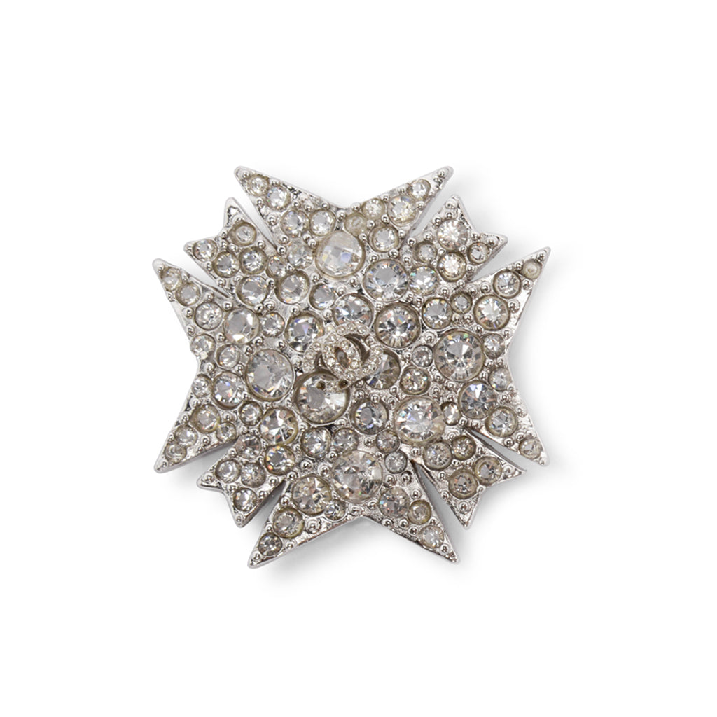 Chanel Silver Crystal Maltese Cross Brooch