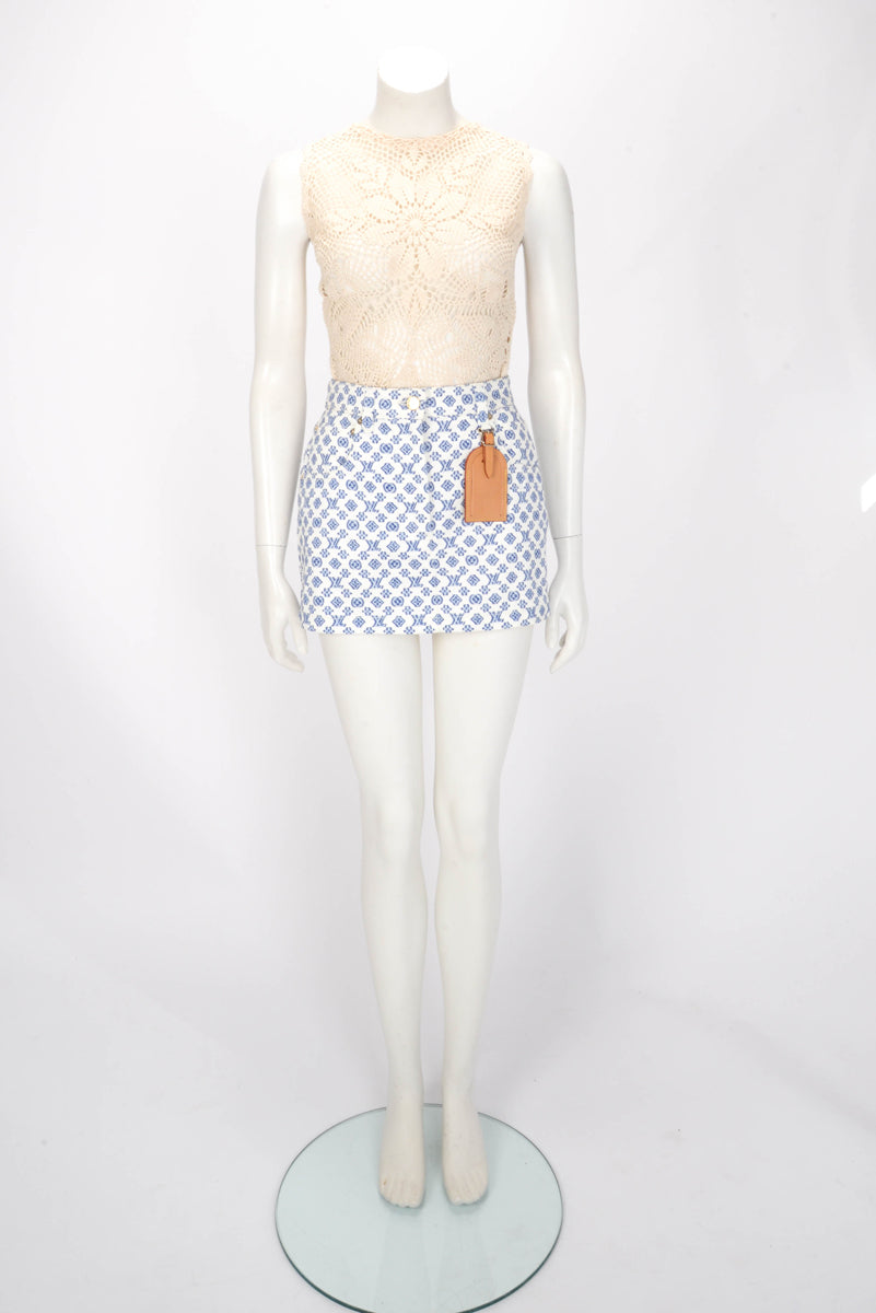 Louis Vuitton White Denim Blurred Monogram Mini Skirt FR 36