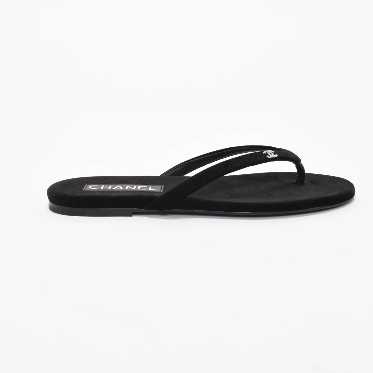Chanel Black Velvet Crystal CC Thong Sandals 38.5