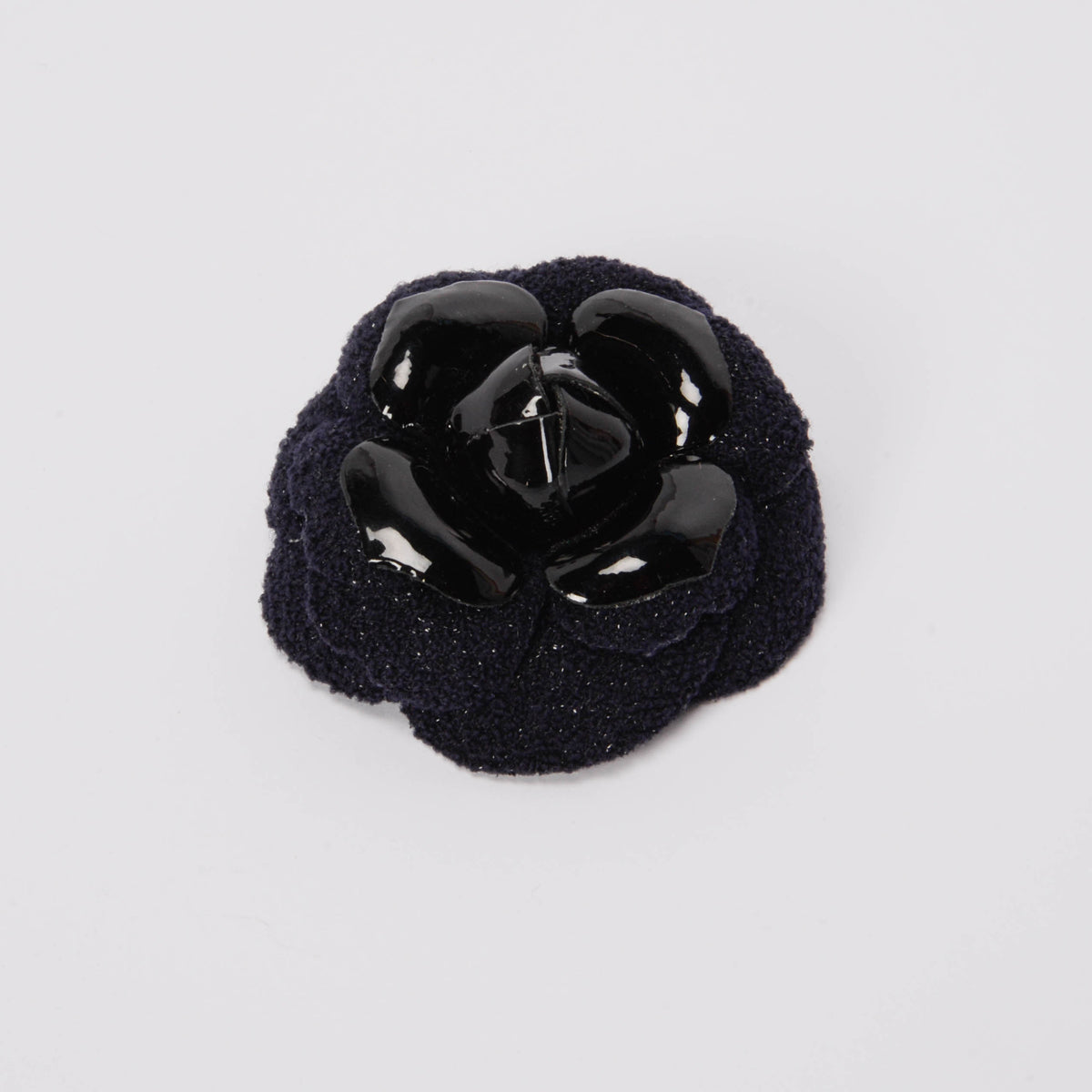 Chanel Navy Tweed & Leather Camellia Brooch