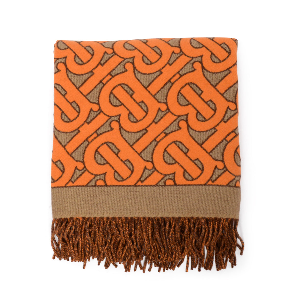 Burberry Orange TB Monogram Wool Fringed Throw