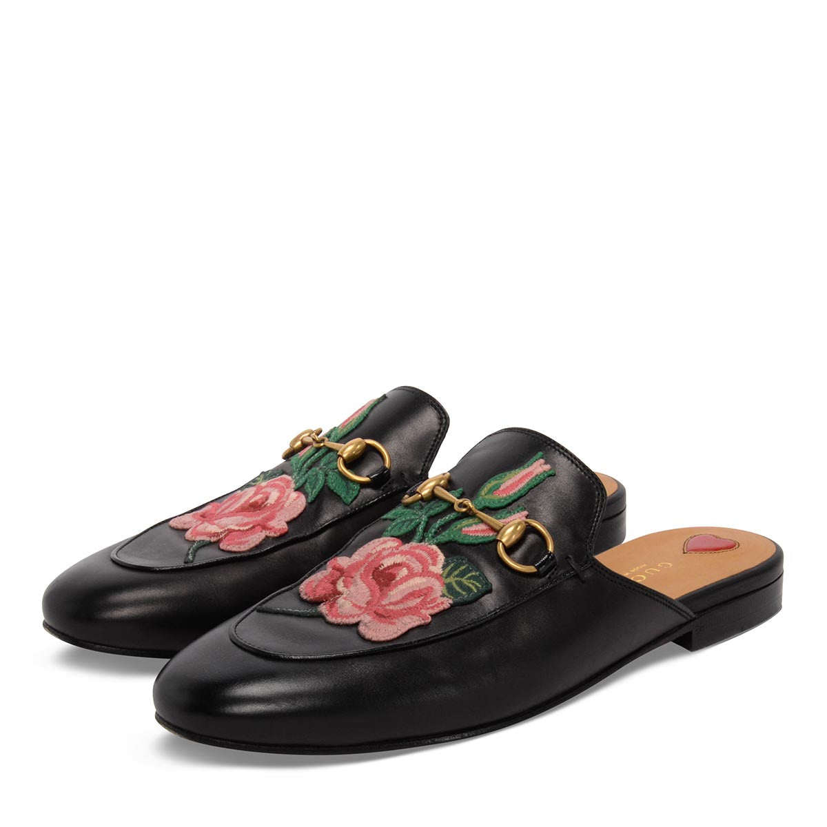 Gucci Black Calfskin Rose Embroidered Princetown Slippers 38