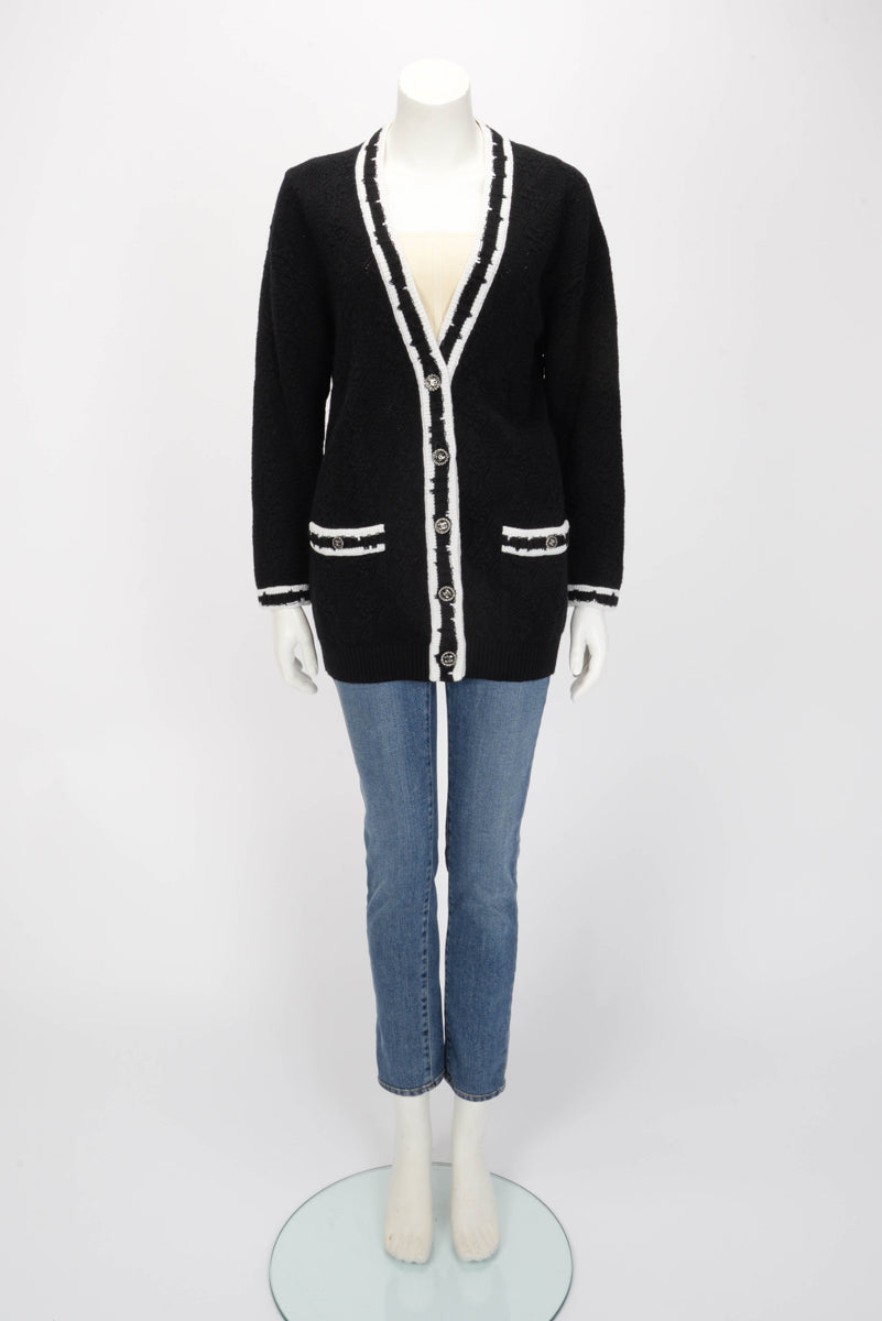 Chanel Black & White Cashmere Knit Striped CC Cardigan FR 38