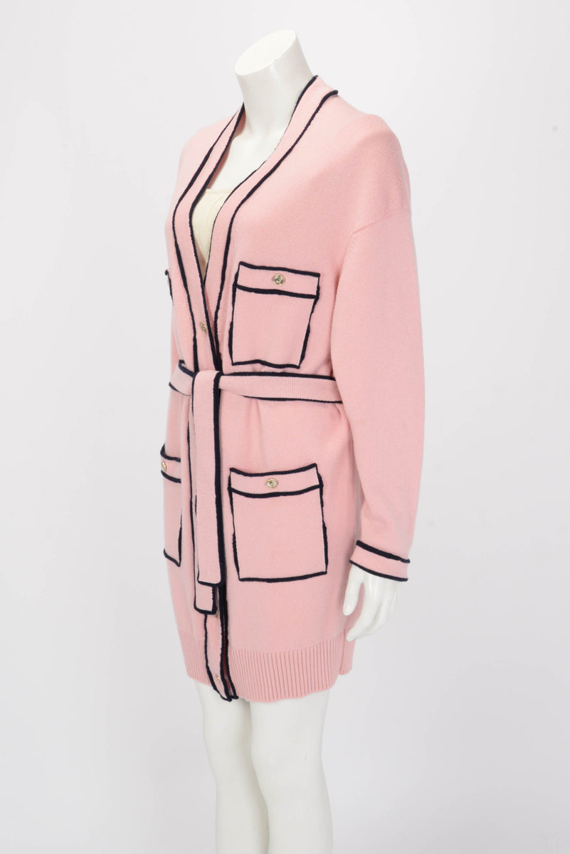 Chanel Pink & Navy Cashmere Knit Belted Long Sleeve Dress FR 40