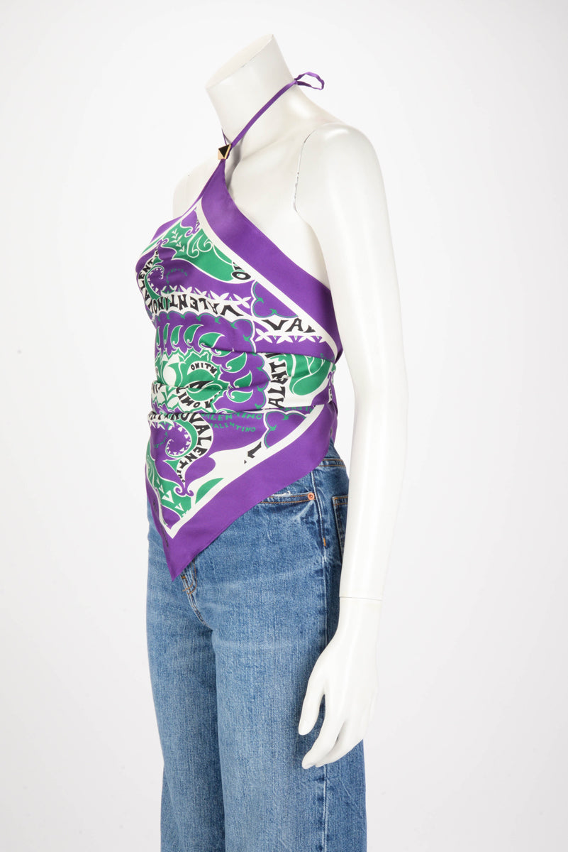 Valentino Purple Silk Twill Graphic Print Scarf Top O/S