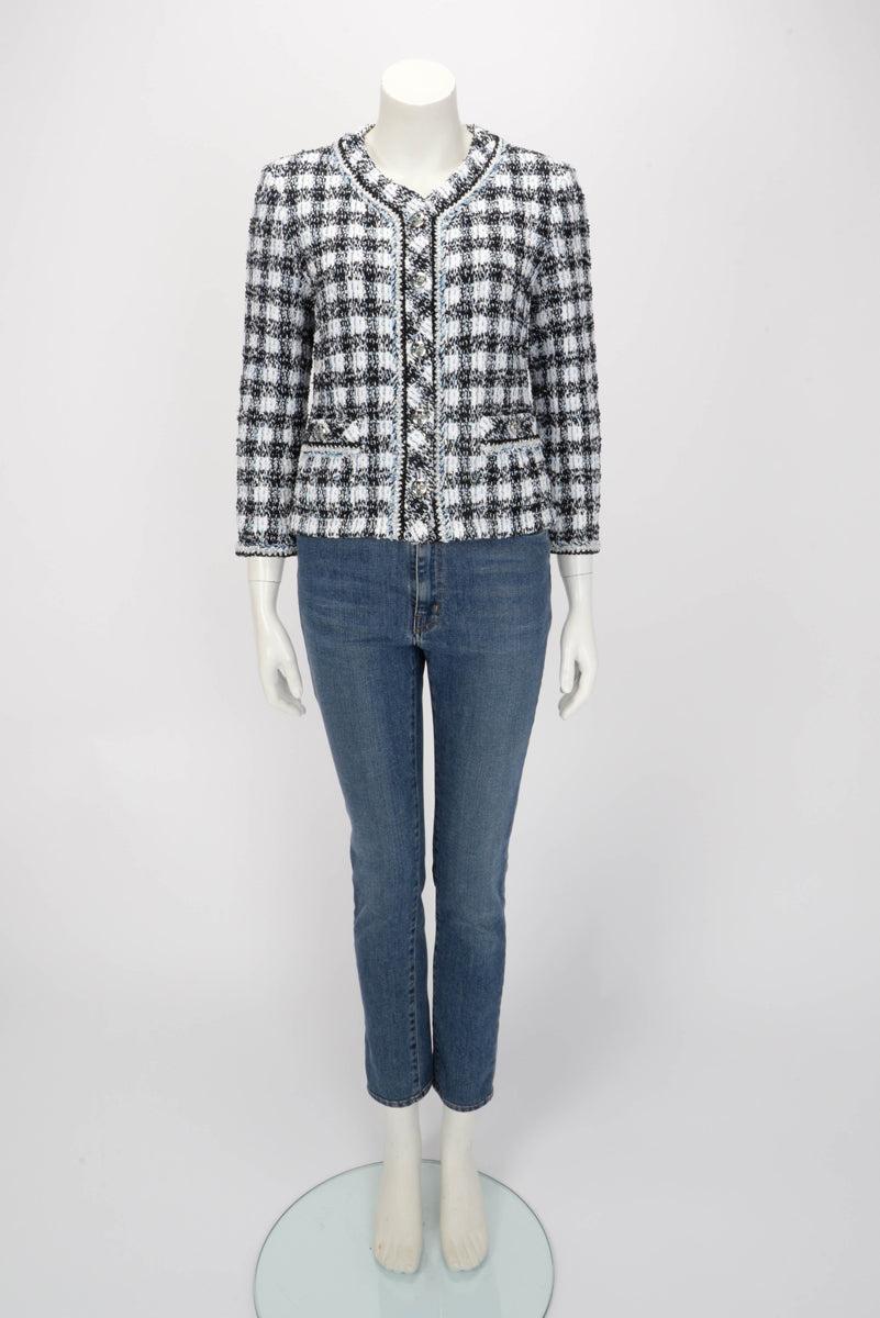 Chanel Blue Check Tweed Braided Trim Jacket FR 40