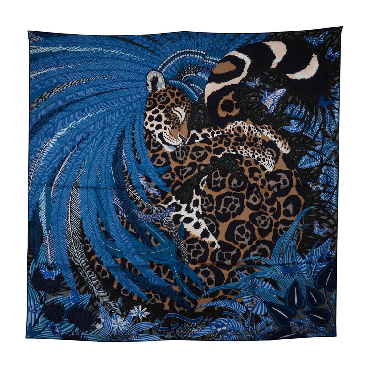 Hermes Blue Silk Jaguar Quetzal Scarf