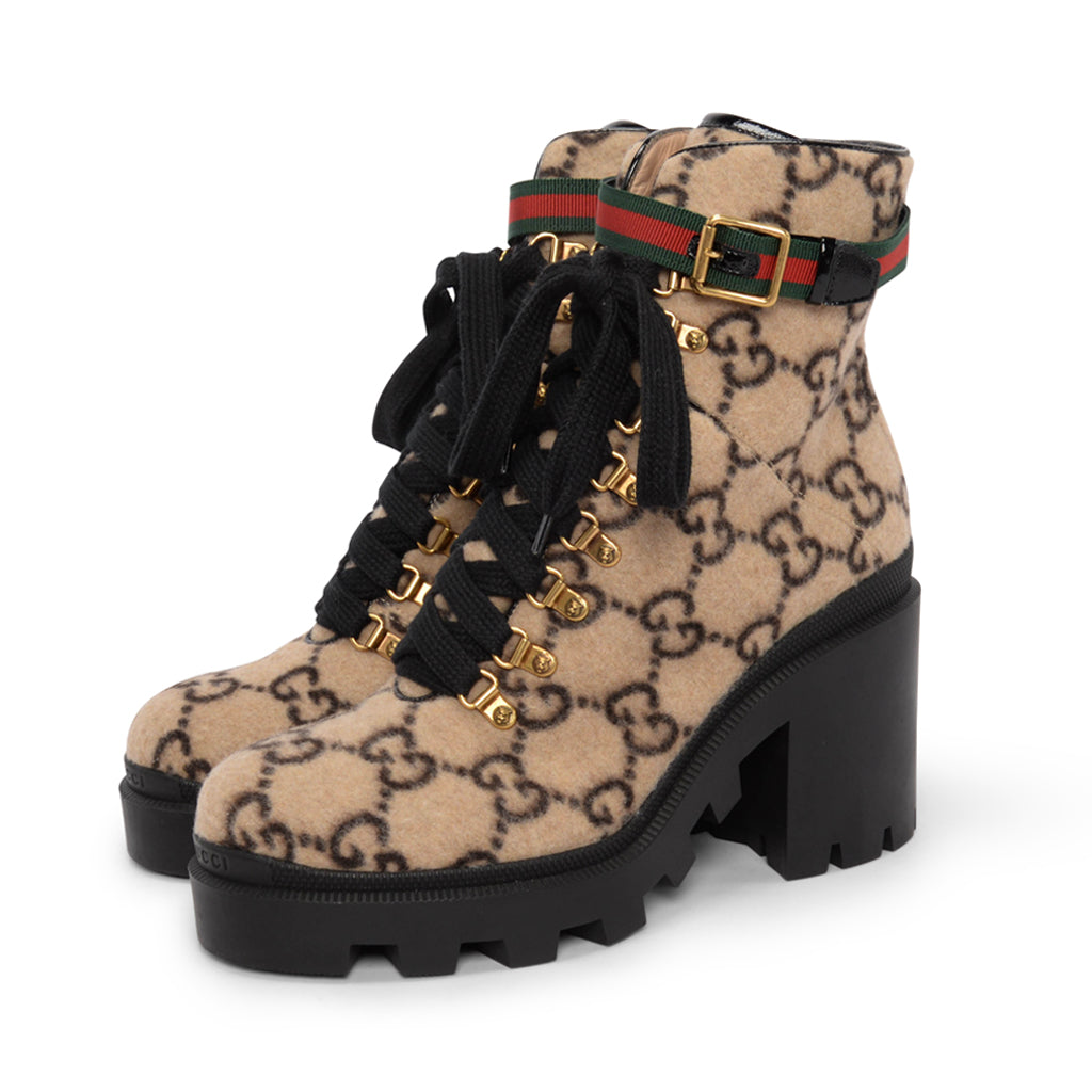 Gucci Beige Wool GG Lace Up Combat Boots 41