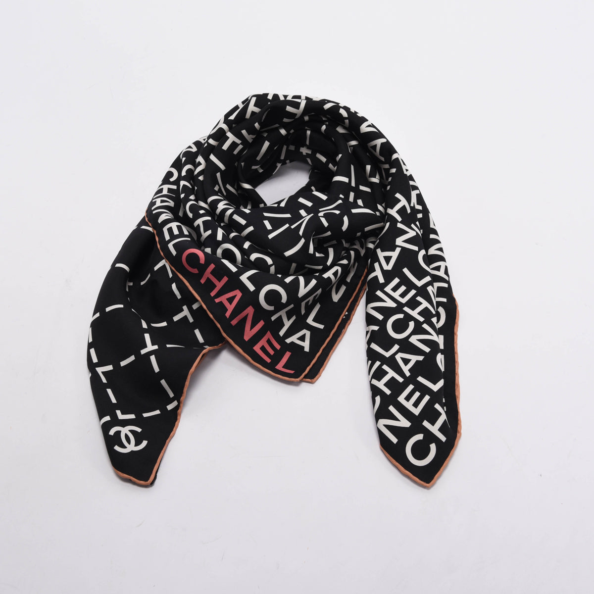 Chanel Black & White Silk Spellout CC Scarf