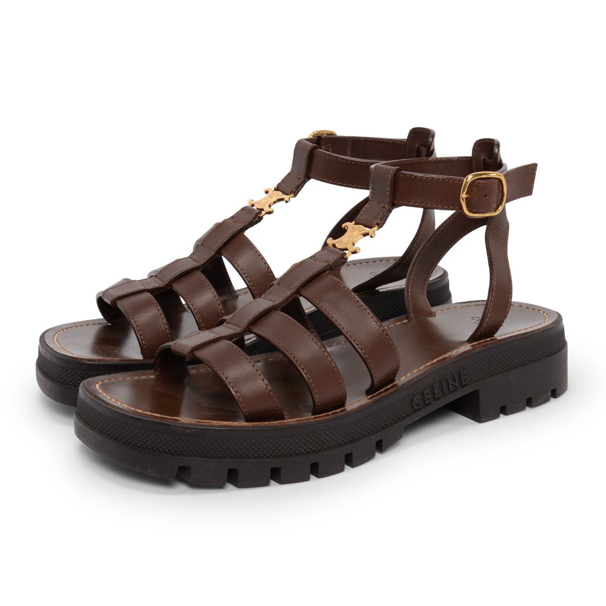 Celine Dark Brown Calfskin Clea Triomphe Sandals 40