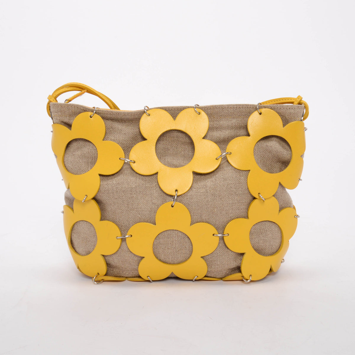 Celine Vintage Yellow Canvas & Calfskin Cutout Flower Bag