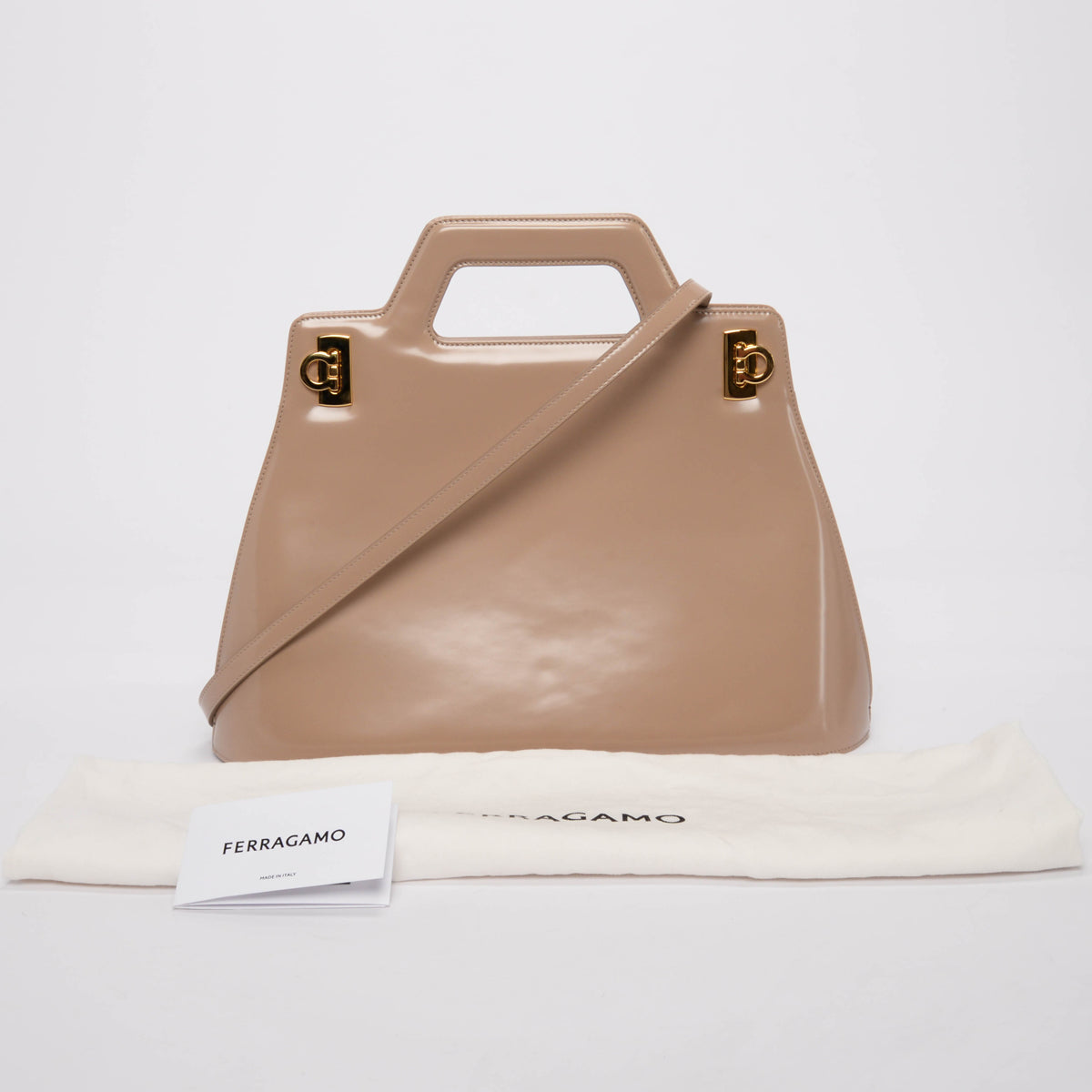 Ferragamo Beige Hi-Shine Wanda Top Handle Bag