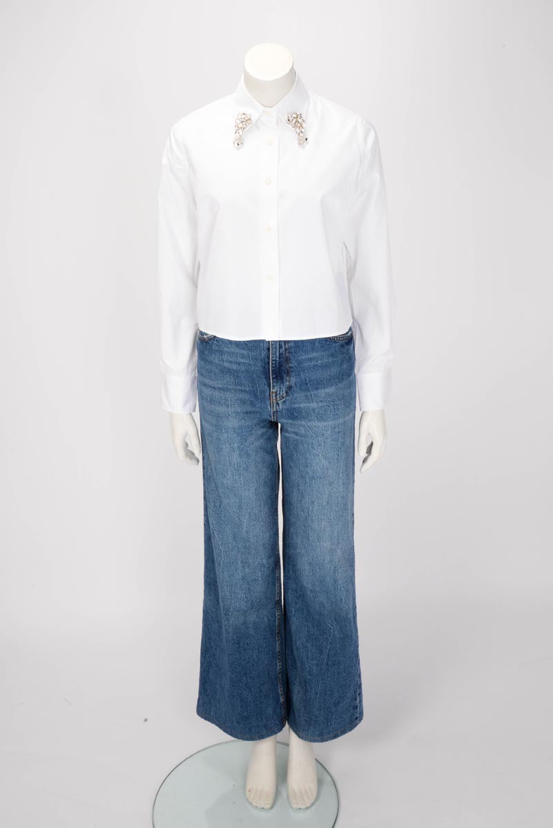 Prada White Cotton Crystal Embroidered Poplin Shirt IT 36