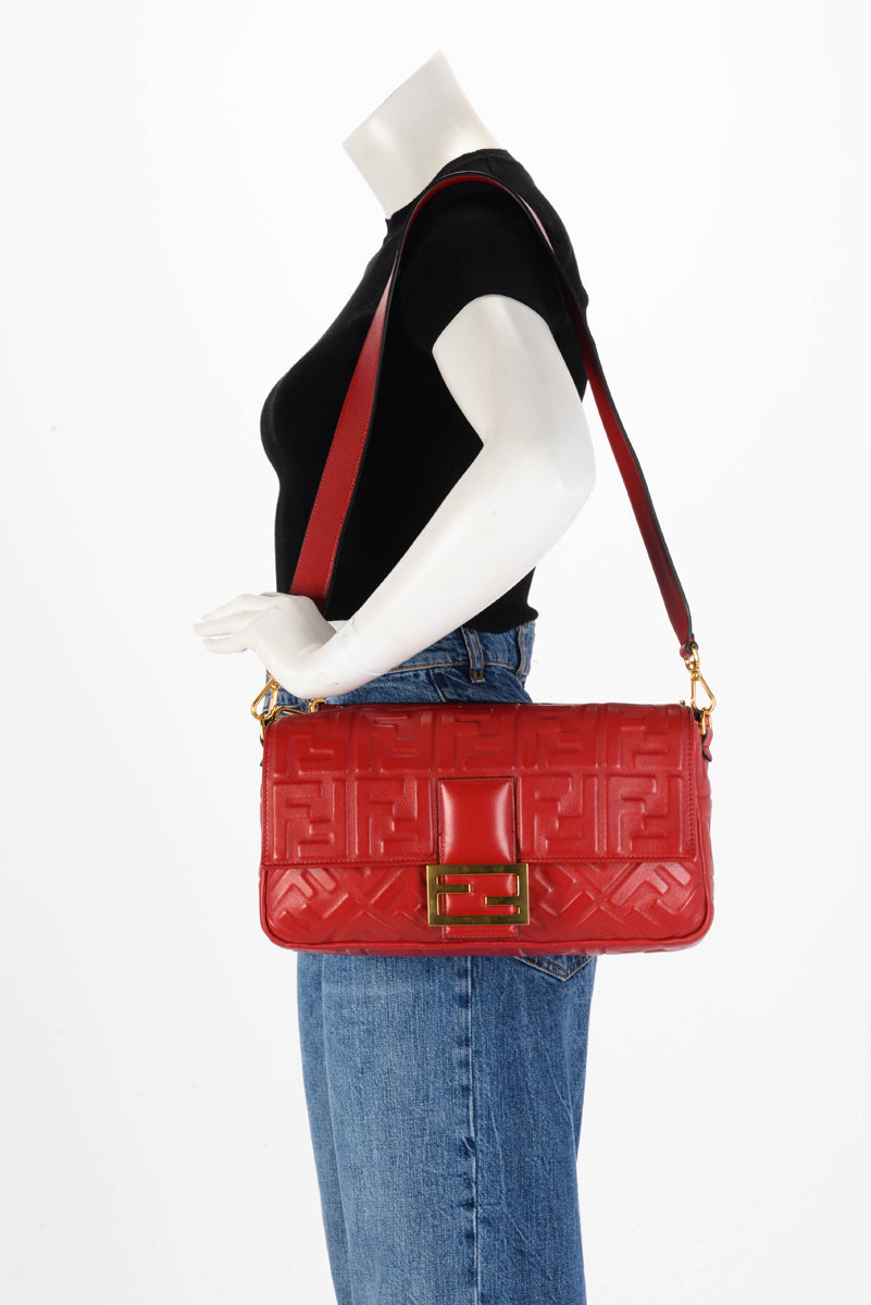 Fendi Strawberry Lambskin FF 1974 Embossed Large Baguette