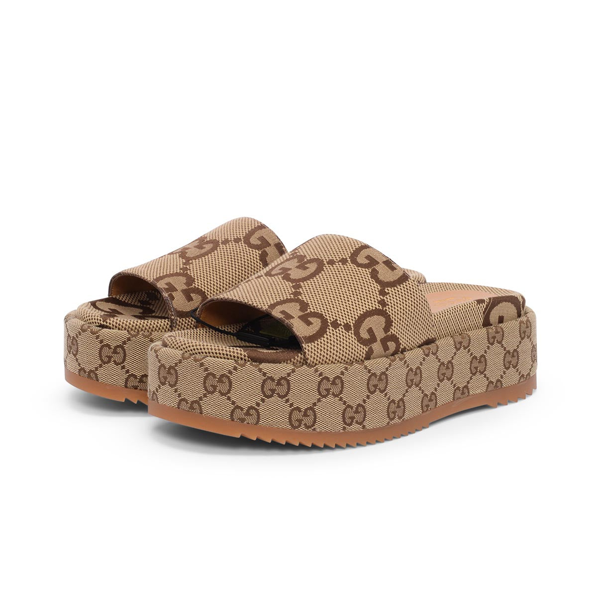 Gucci Camel Maxi GG Canvas Platform Slides 36.5