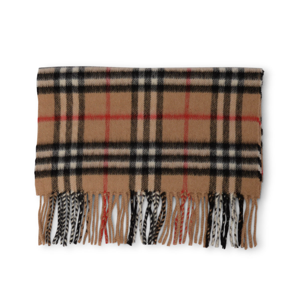 Burberry Camel Cashmere House Check Fringed Scarf
