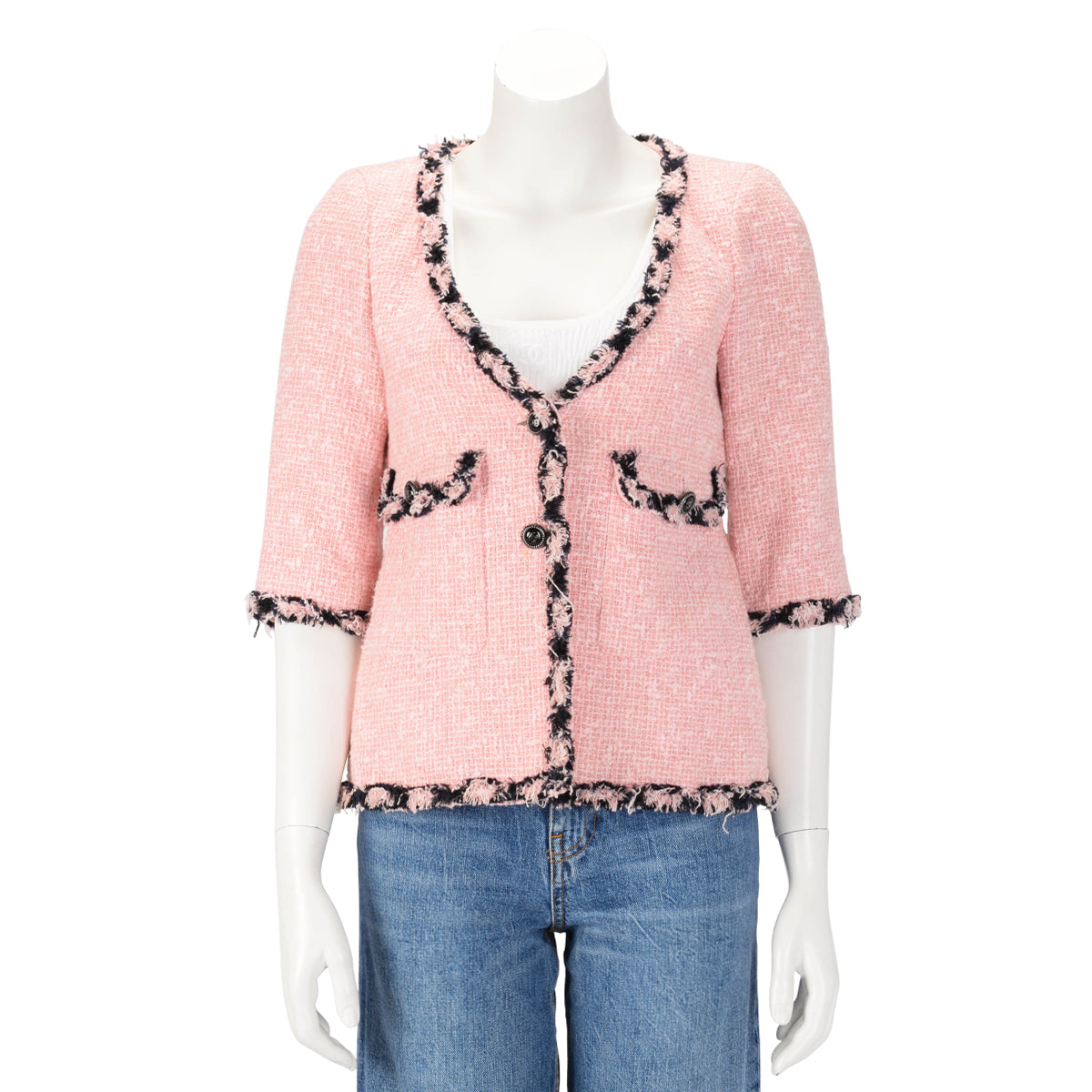 Chanel Pink & Black Tweed Frayed Edge Jacket FR 38