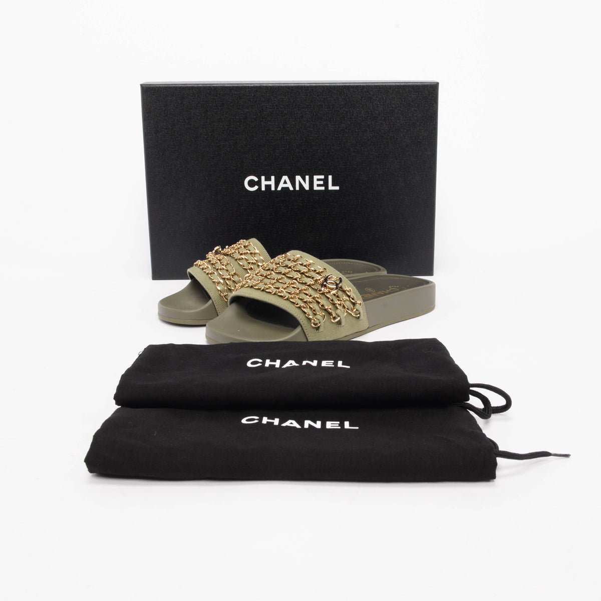 Chanel Khaki Canvas Chain Trim Slides 36