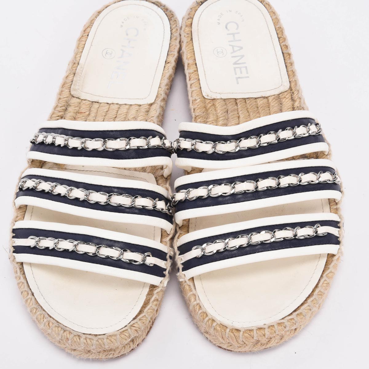 Chanel White & Navy Chain Espadrille Slides 40