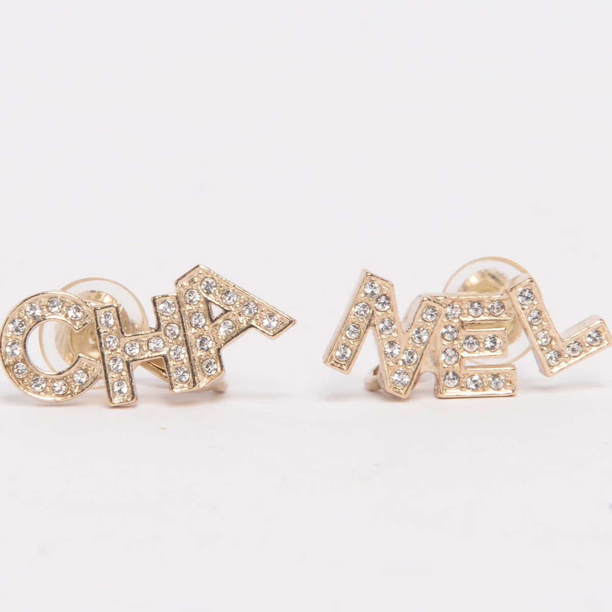 Chanel Crystal Logo Cha-Nel Clip Earrings