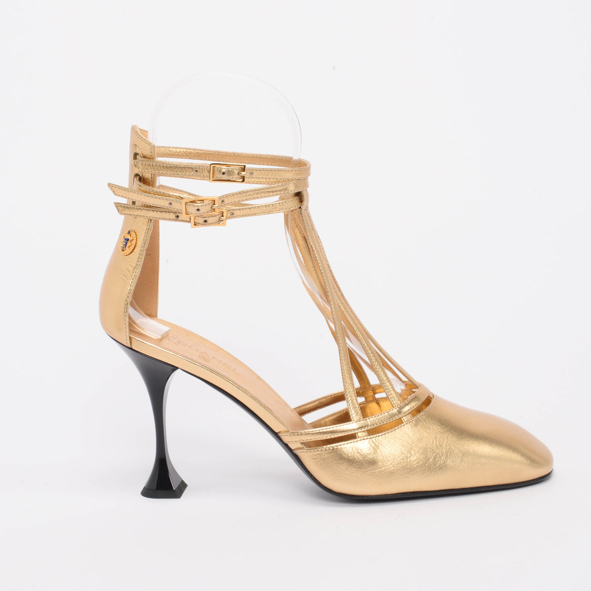 Chanel Gold Metallic Calfskin T-Strap Badge Pumps 41