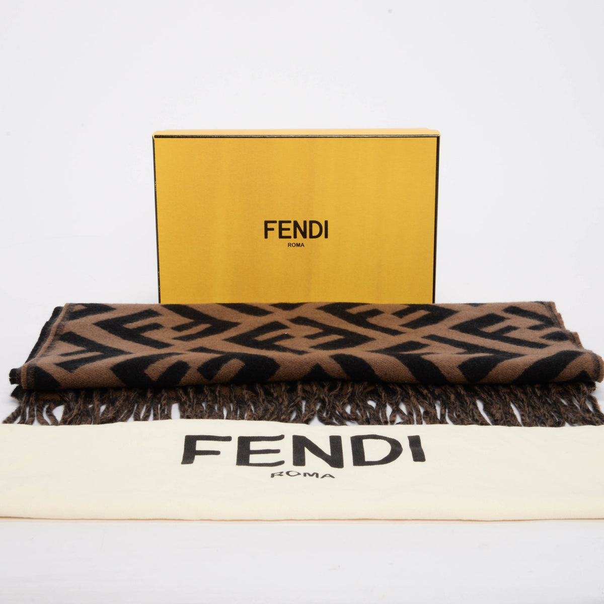 Fendi Brown FF Cashmere Fringed Scarf