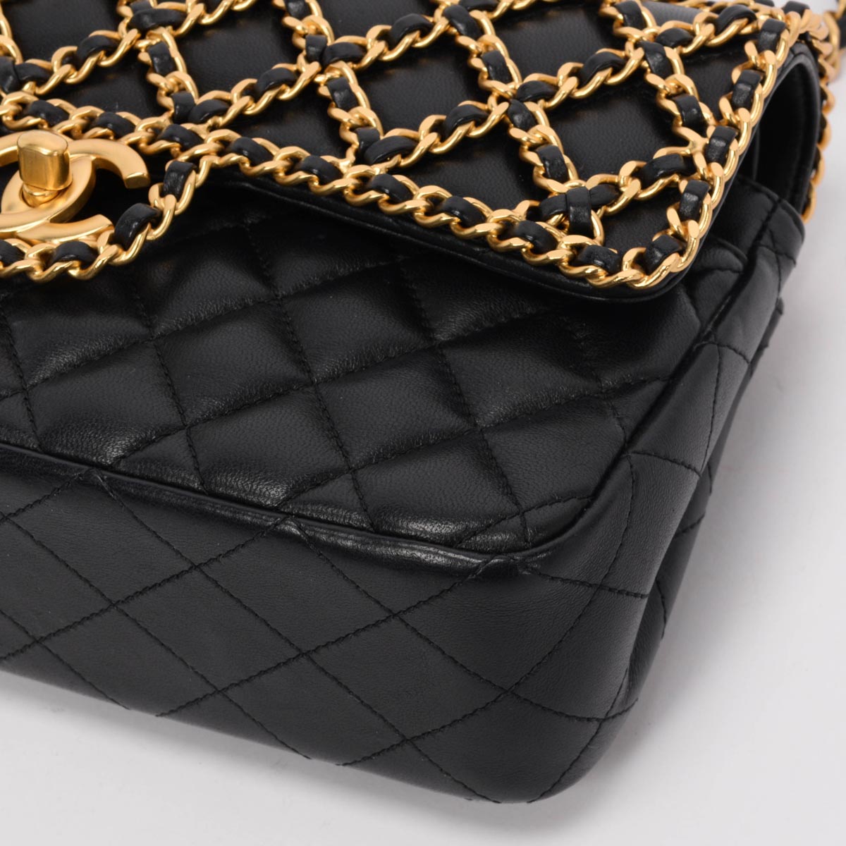 Chanel Black & Gold Lambskin Classic Woven Chain Flap Bag