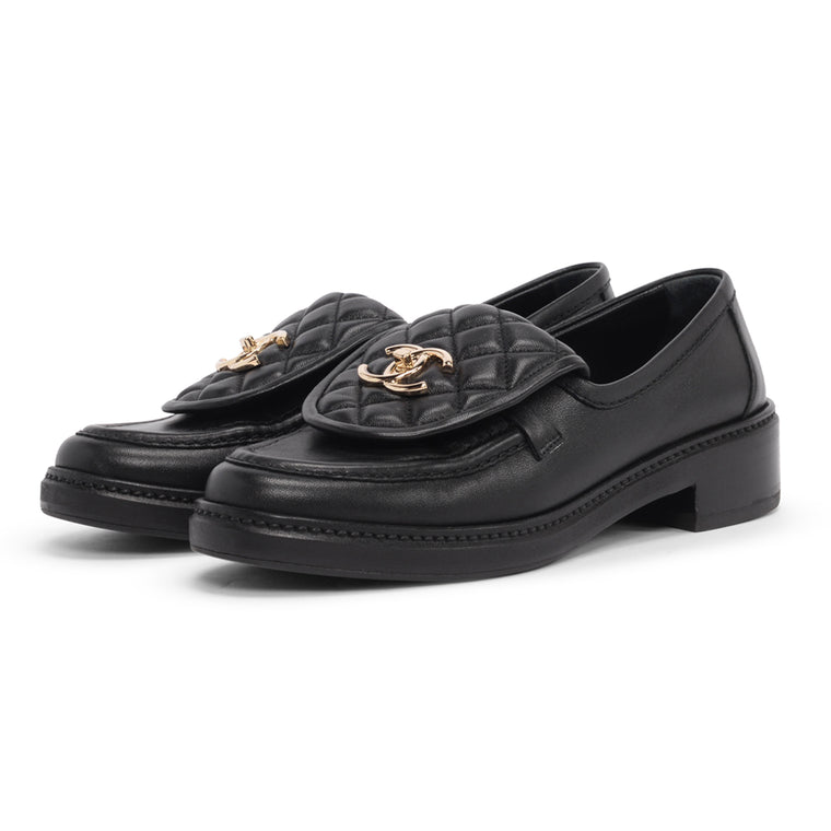 Chanel Black Quilted CC Turnlock Loafers 37.5