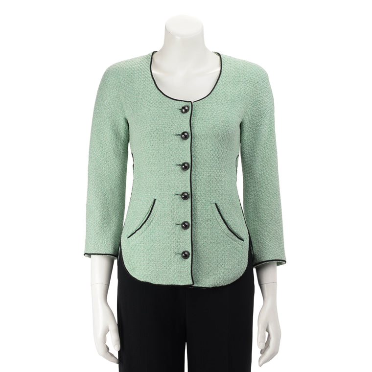 Chanel Green Tweed Belted Jacket FR 36
