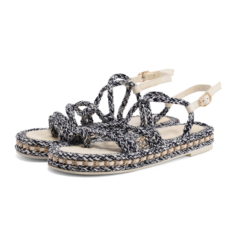 Chanel Navy & White Lambskin & Cord CC Chain Sandals 39