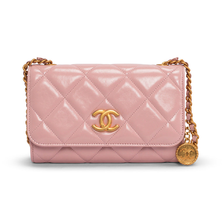Chanel Pink Glossy Lambskin CC Medallion Wallet on Chain