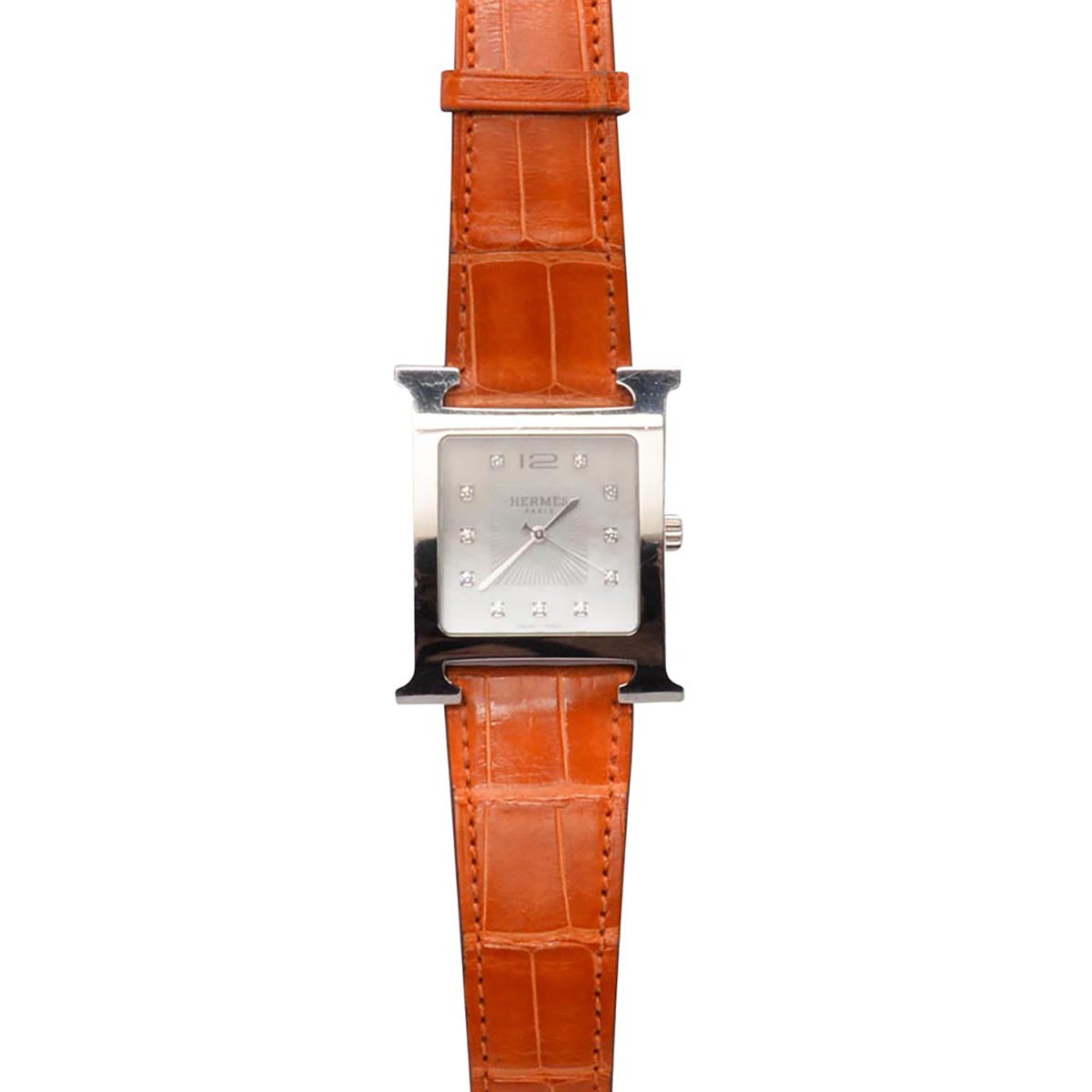 Hermes Orange Stainless Steel Diamond MOP Heure H TGM Watch