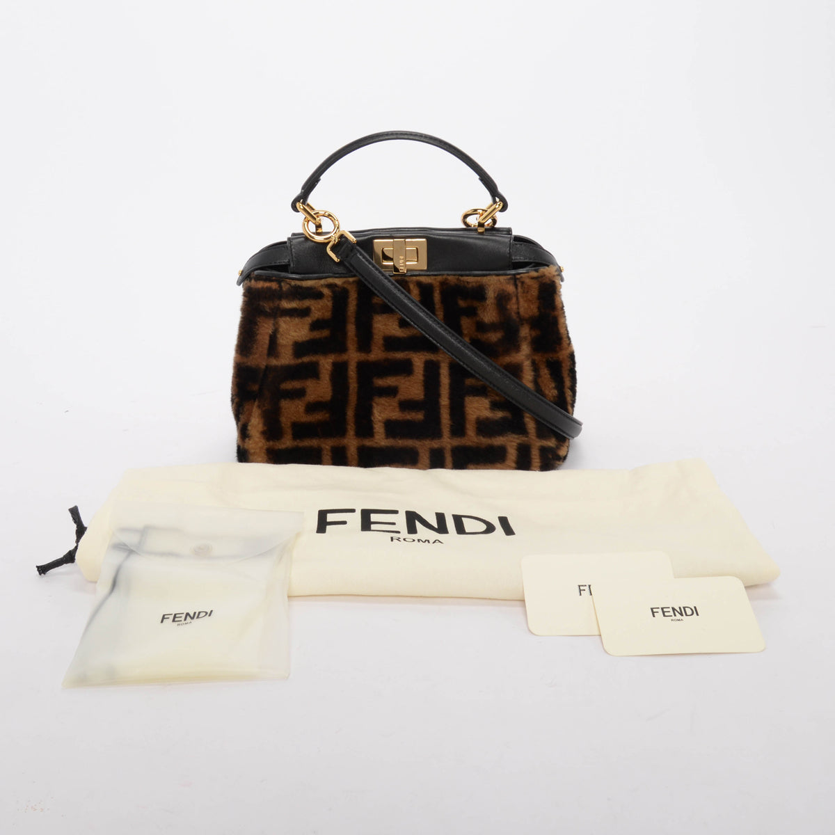 Fendi Tobacco & Black FF Shearling & Nappa Mini Peekaboo Bag