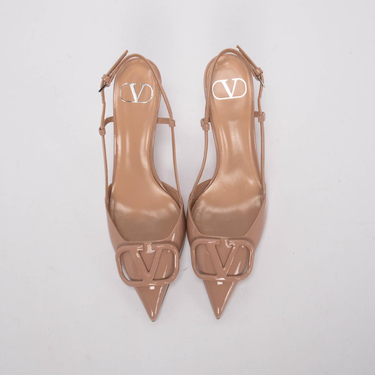 Valentino Rose Cannelle Patent V-Logo Slingback Pumps 37