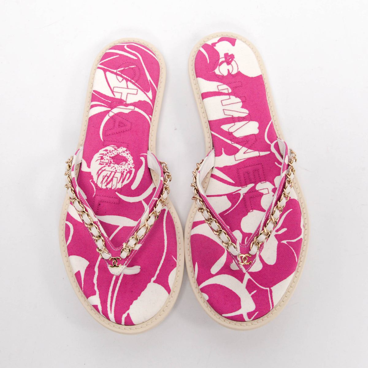 Chanel Magenta Beach Canvas CC Chain Thong Sandals 38