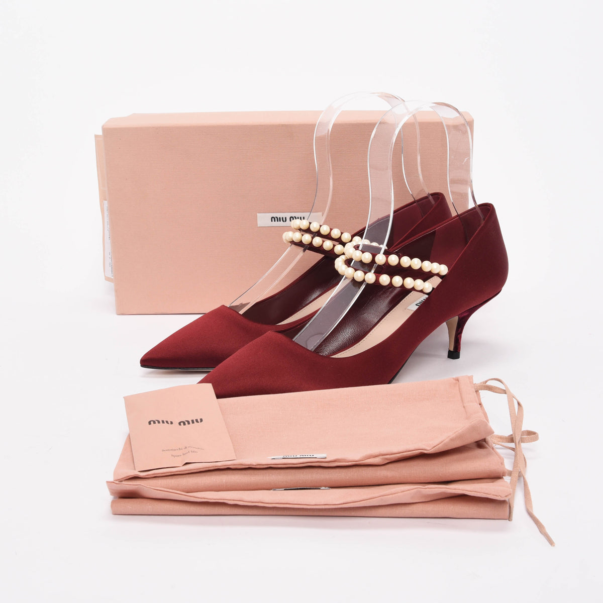 Miu Miu Burgundy Satin Pearl Strap Pumps 41