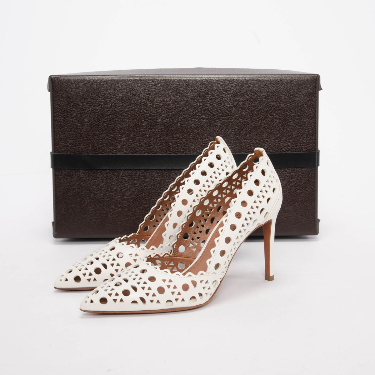 Alaia White Laser Cut Lambskin Openwork Pumps 37