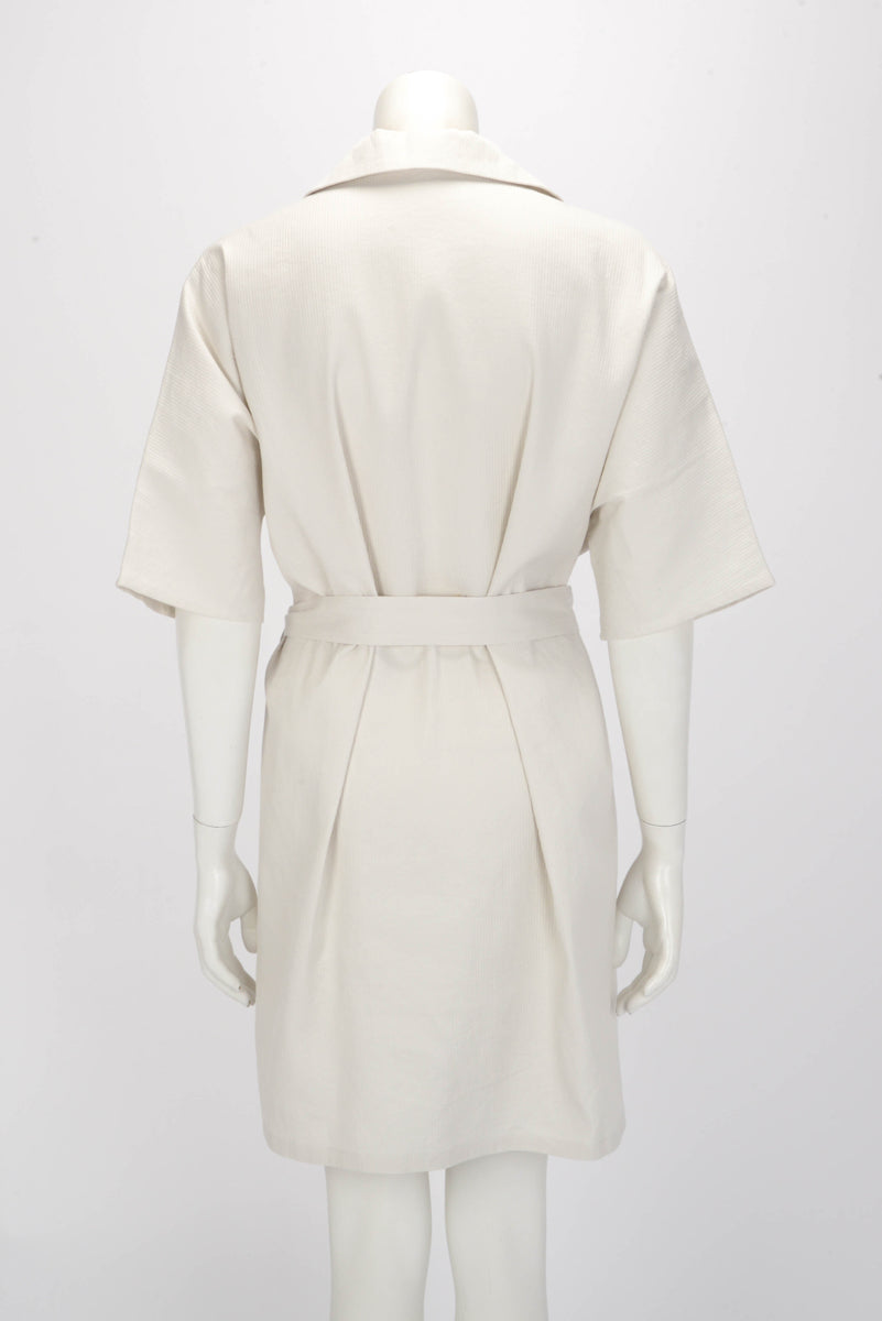 Hermes Blanc Ecume Cotton Crepon Belted Shirt Dress FR34