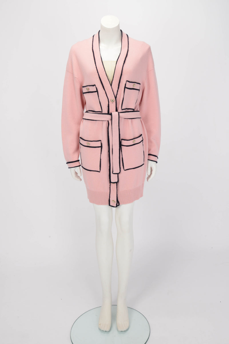 Chanel Pink & Navy Cashmere Knit Belted Long Sleeve Dress FR 40